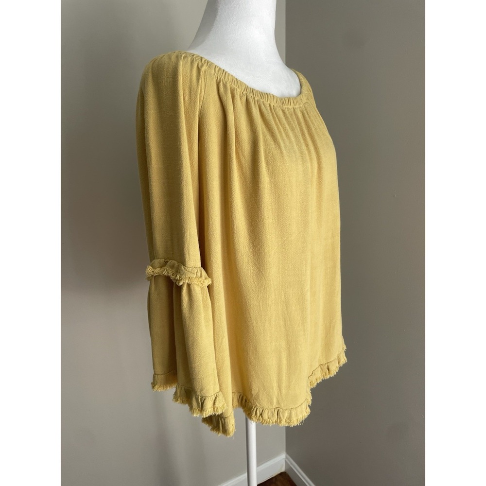 Umgee S Top NWT Mustard‎ Yellow Linen Boho Shoulder Cottage Fall Blouse Bell 3/4